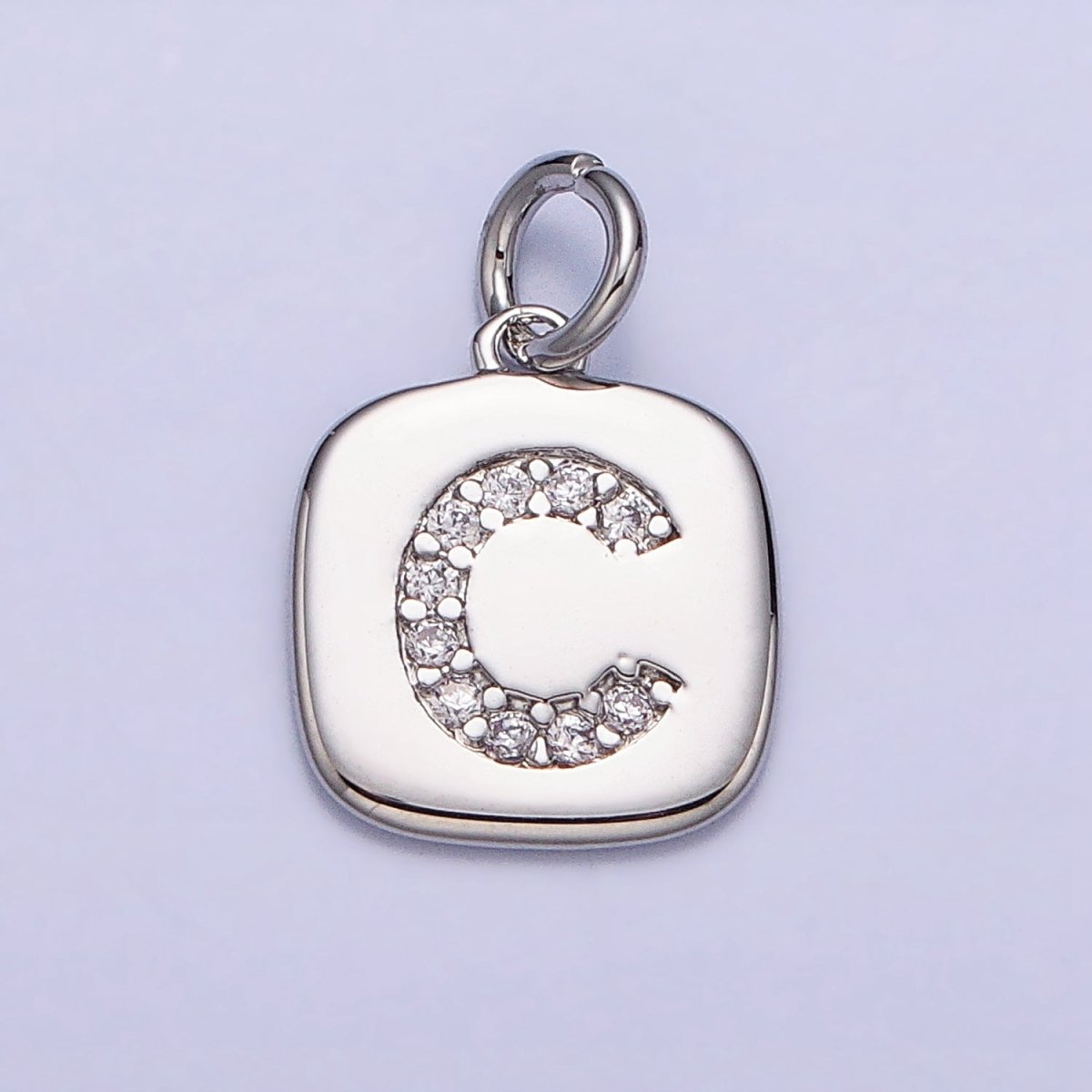 Silver Tag Square CZ Clear Micro Paved Initial Alphabet Dainty Personalized Name Tag Charm | AD097 - AD122 - DLUXCA