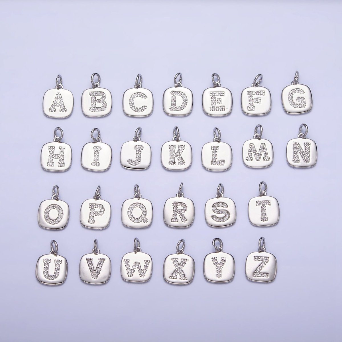 Silver Tag Square CZ Clear Micro Paved Initial Alphabet Dainty Personalized Name Tag Charm | AD097 - AD122 - DLUXCA