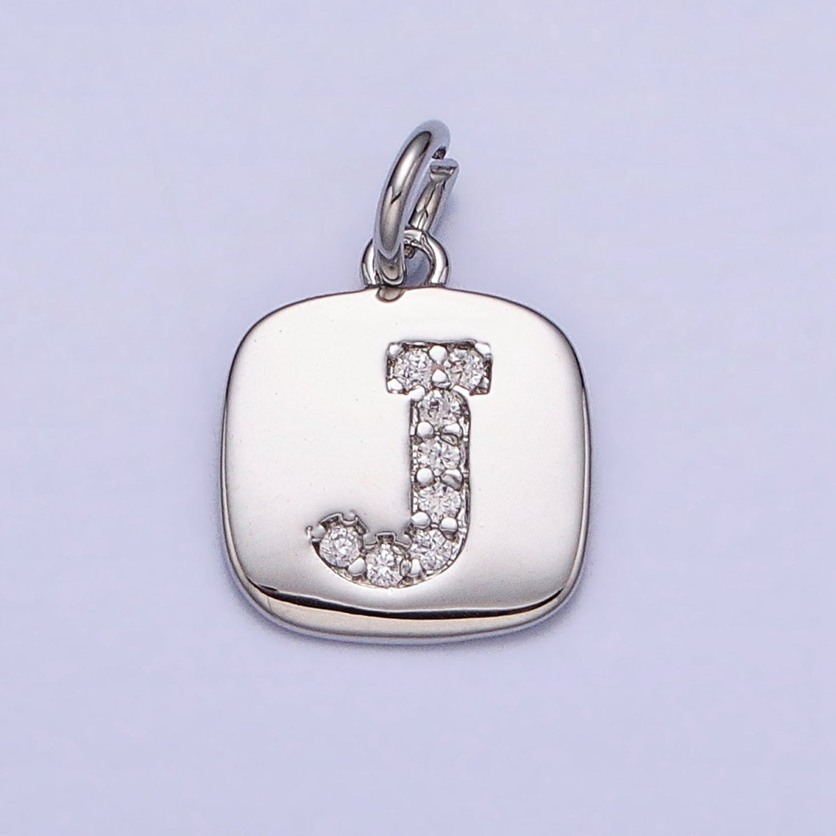 Silver Tag Square CZ Clear Micro Paved Initial Alphabet Dainty Personalized Name Tag Charm | AD097 - AD122 - DLUXCA