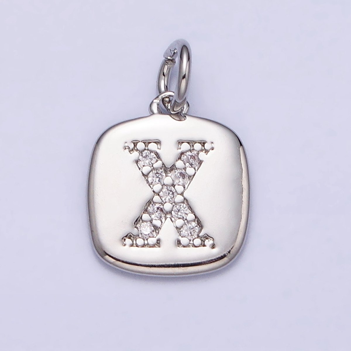 Silver Tag Square CZ Clear Micro Paved Initial Alphabet Dainty Personalized Name Tag Charm | AD097 - AD122 - DLUXCA