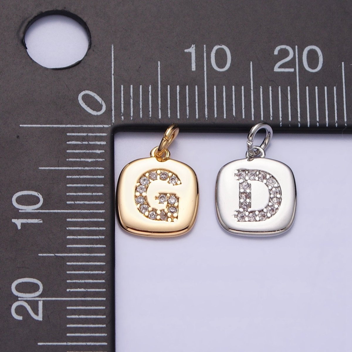 Silver Tag Square CZ Clear Micro Paved Initial Alphabet Dainty Personalized Name Tag Charm | AD097 - AD122 - DLUXCA