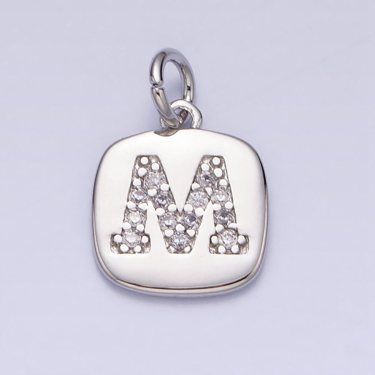 Silver Tag Square CZ Clear Micro Paved Initial Alphabet Dainty Personalized Name Tag Charm | AD097 - AD122 - DLUXCA