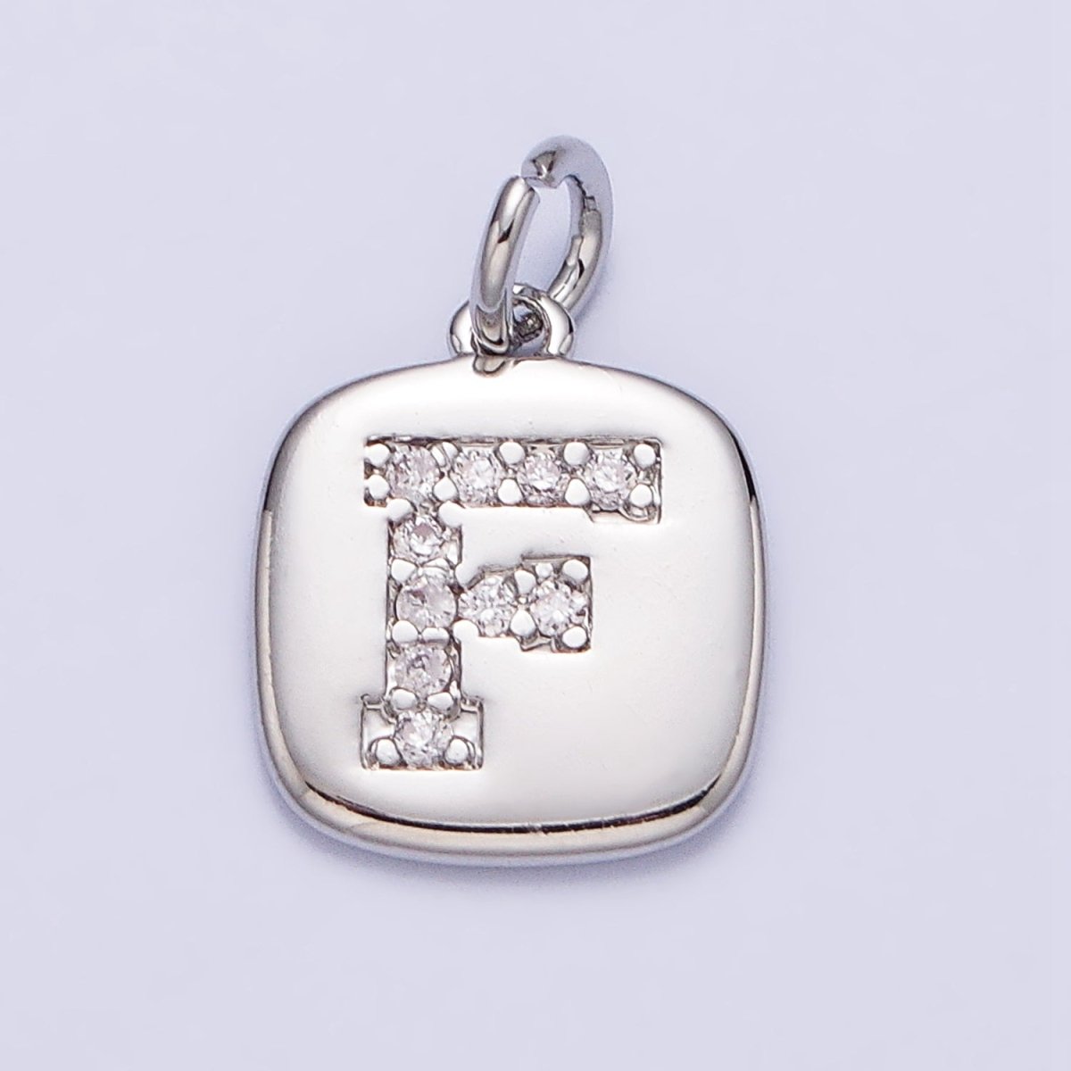 Silver Tag Square CZ Clear Micro Paved Initial Alphabet Dainty Personalized Name Tag Charm | AD097 - AD122 - DLUXCA