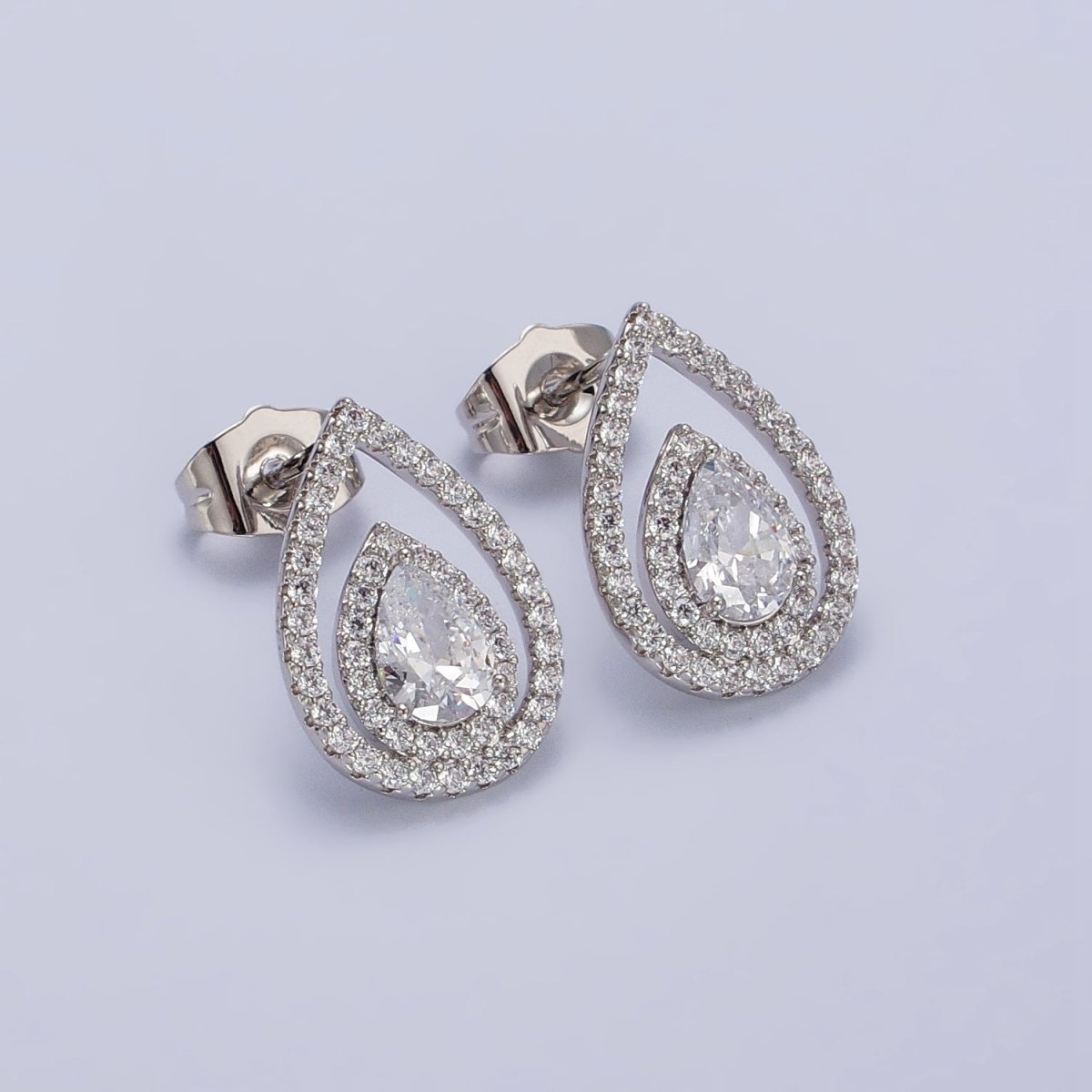 Silver Tear Drop Earring Stud with Cubic Zirconia Stone Micro Pave Pear CZ Stone AB1032 - DLUXCA