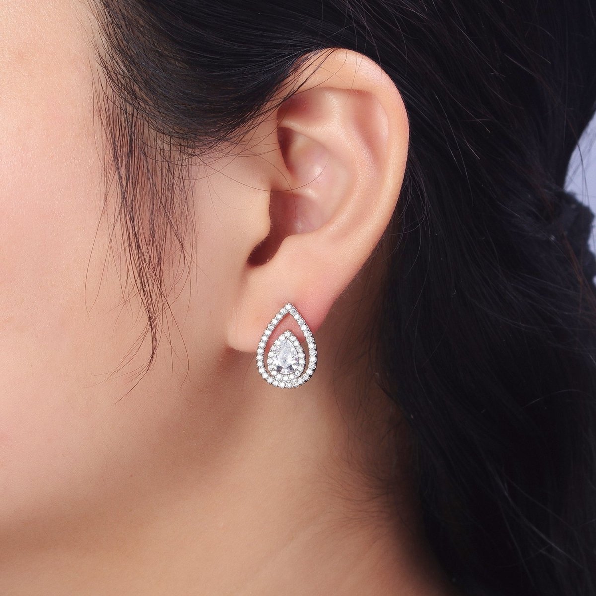 Silver Tear Drop Earring Stud with Cubic Zirconia Stone Micro Pave Pear CZ Stone AB1032 - DLUXCA