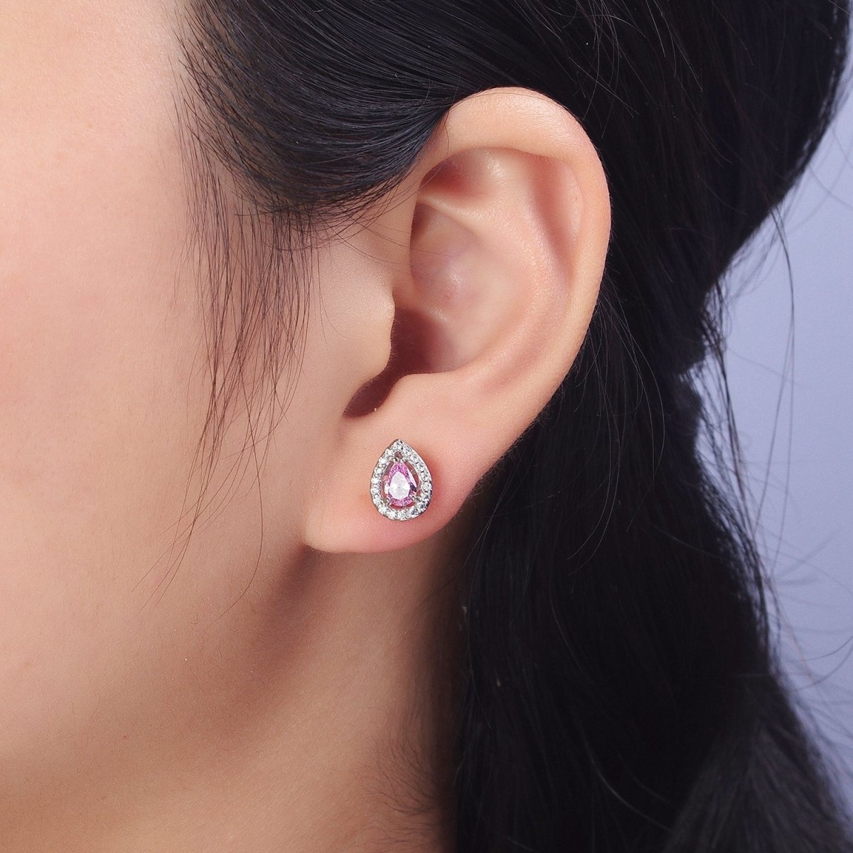 Silver Tear Drop Earring Stud with Pink Cubic Zirconia Stone Micro Pave Pear CZ Stone AB1035 - DLUXCA