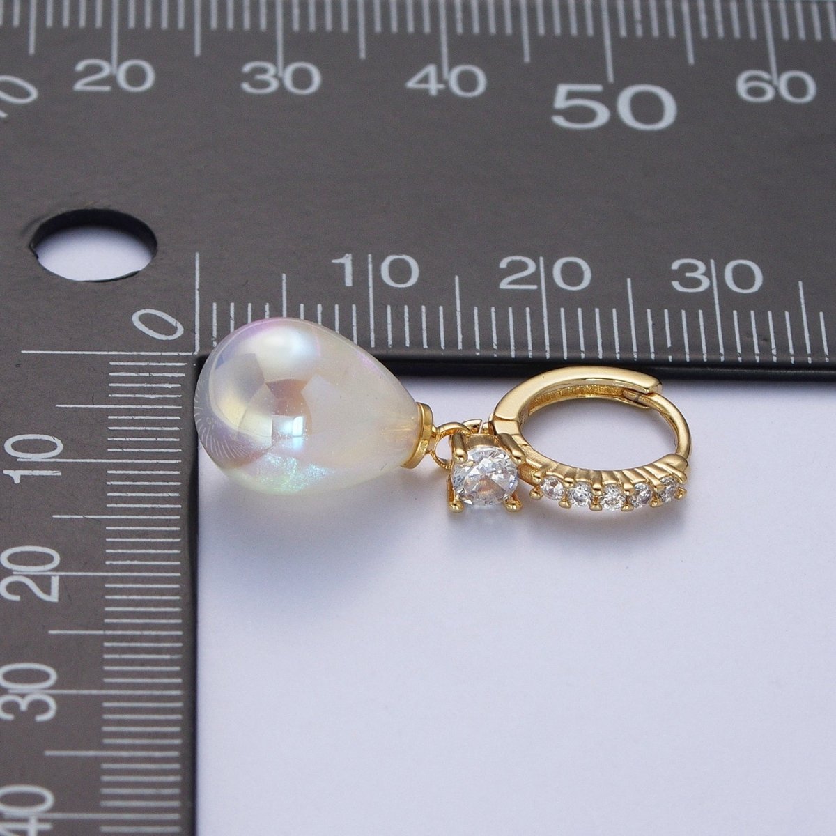 Simple Minimalist Micro Pave Cubic Zirconia Earrings, 24K Gold Filled Huggie Small Hoop Earrings with Round AB Color Pear Shape Ball X822 - DLUXCA