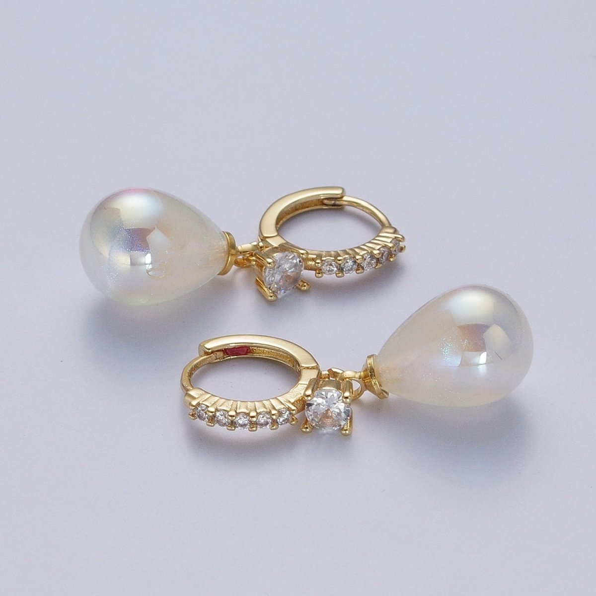 Simple Minimalist Micro Pave Cubic Zirconia Earrings, 24K Gold Filled Huggie Small Hoop Earrings with Round AB Color Pear Shape Ball X822 - DLUXCA