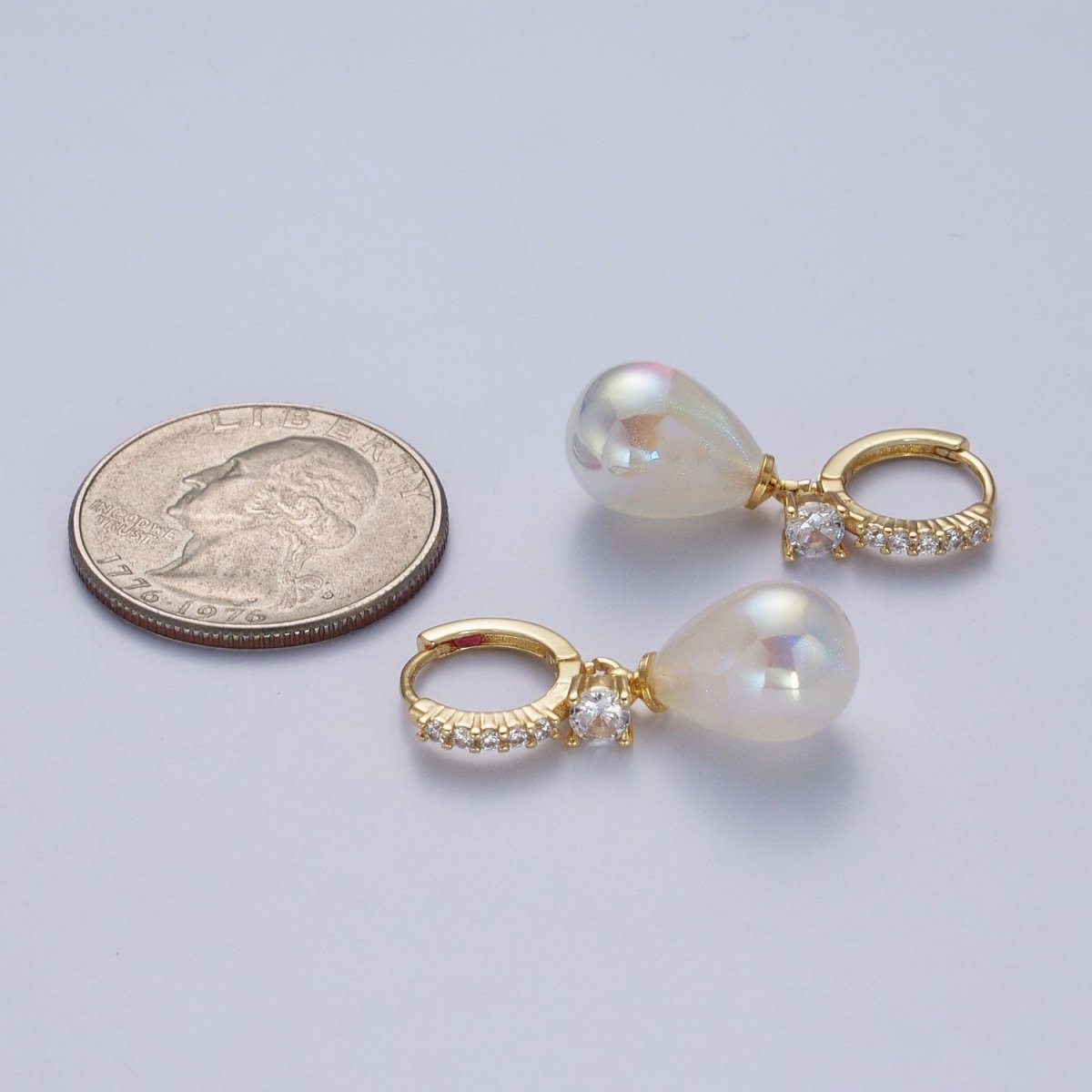 Simple Minimalist Micro Pave Cubic Zirconia Earrings, 24K Gold Filled Huggie Small Hoop Earrings with Round AB Color Pear Shape Ball X822 - DLUXCA