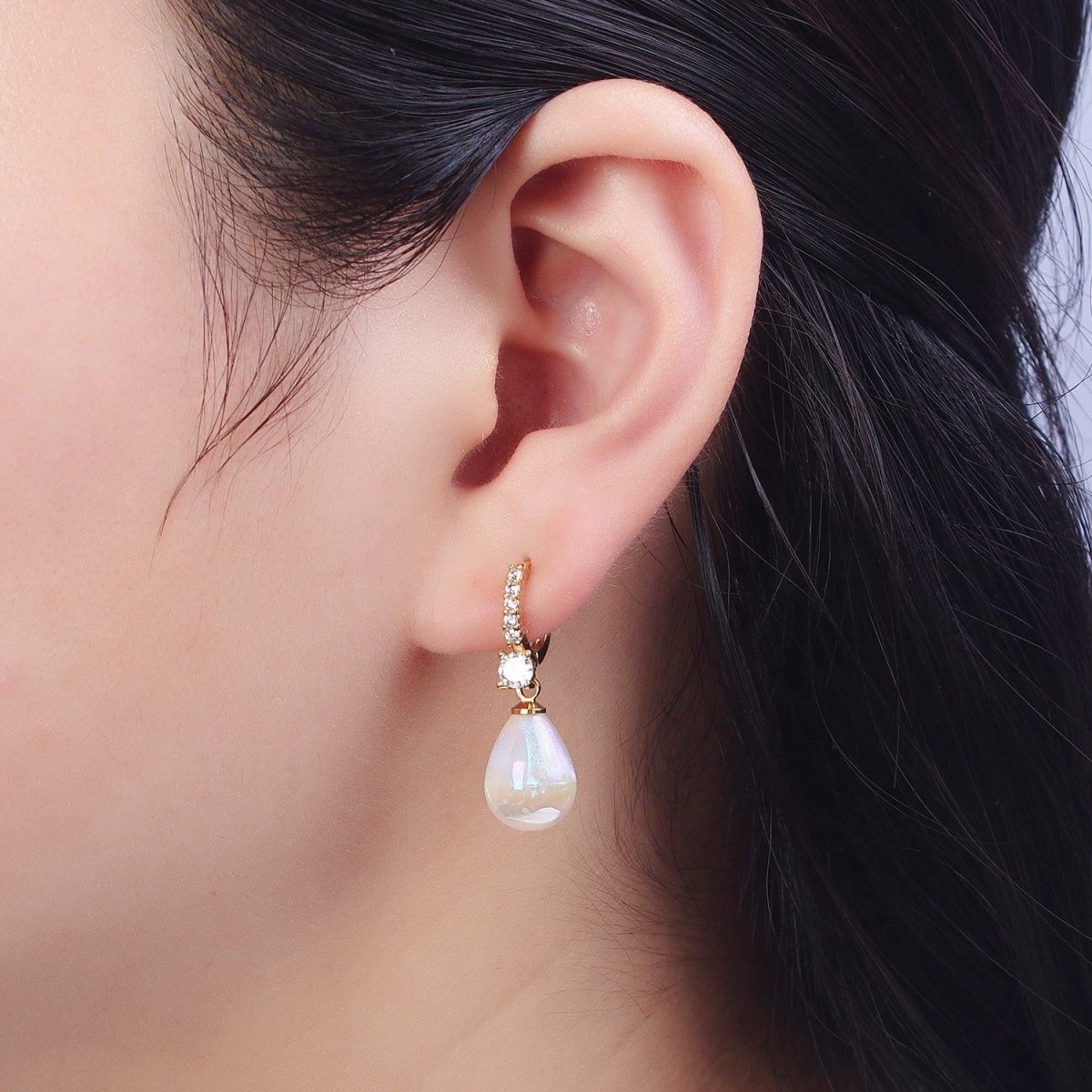 Simple Minimalist Micro Pave Cubic Zirconia Earrings, 24K Gold Filled Huggie Small Hoop Earrings with Round AB Color Pear Shape Ball X822 - DLUXCA