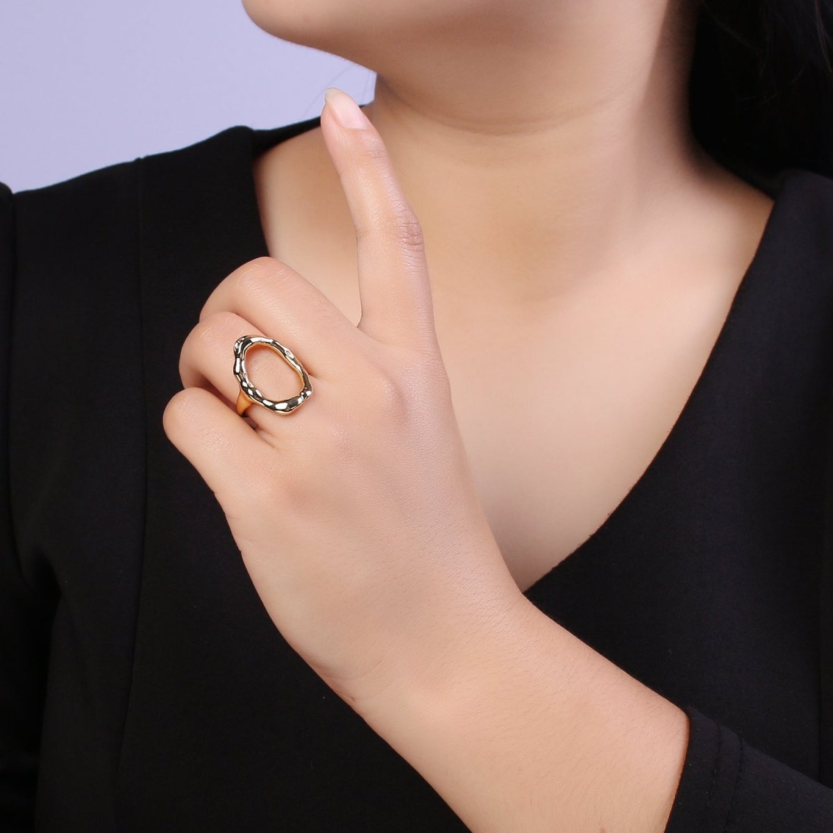 Simple Rustic Gold Oval Ring Hammered Chunky Geometric Jewelry Stackable Open Adjustbale Ring U-289 - DLUXCA