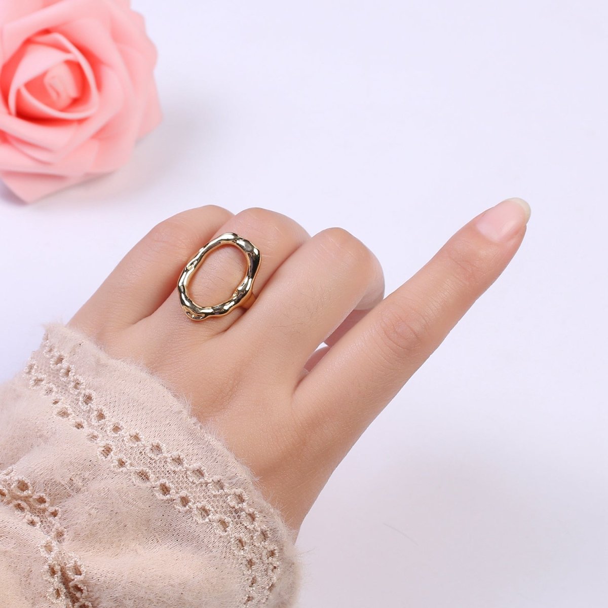 Simple Rustic Gold Oval Ring Hammered Chunky Geometric Jewelry Stackable Open Adjustbale Ring U-289 - DLUXCA
