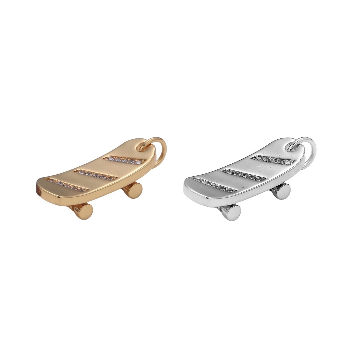 Skate Board Pave Charm, 18K Skate Board Cubic Zirconia Pendant 23X7mm Mobility Jewelry Outdoor Activity Inspired, Metro Style Design E-184 E-782 - DLUXCA