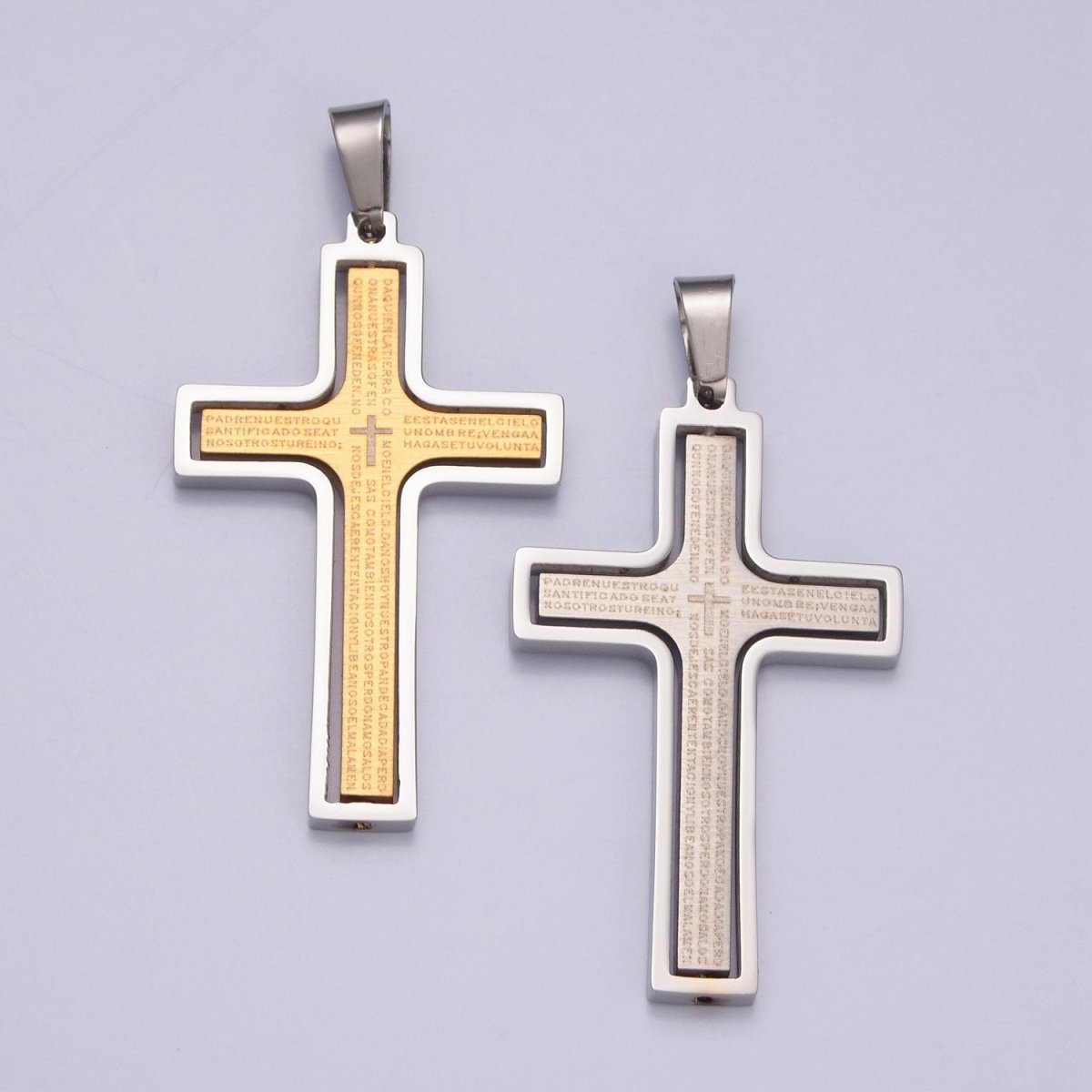Sleek Steel Unisex Cross Necklace Pendant | Gold Cross Padre Nuestro for Men and Women | Lords Prayer Cross Pendant, Religious Medals, Our Father Pendant, Catholic Pendant, X-635 X-636 - DLUXCA