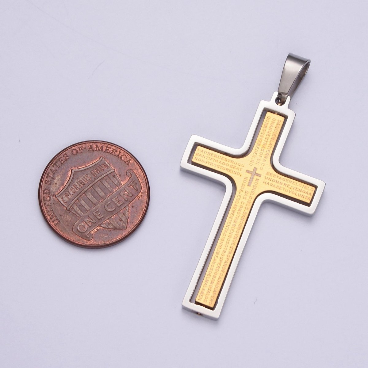 Sleek Steel Unisex Cross Necklace Pendant | Gold Cross Padre Nuestro for Men and Women | Lords Prayer Cross Pendant, Religious Medals, Our Father Pendant, Catholic Pendant, X-635 X-636 - DLUXCA