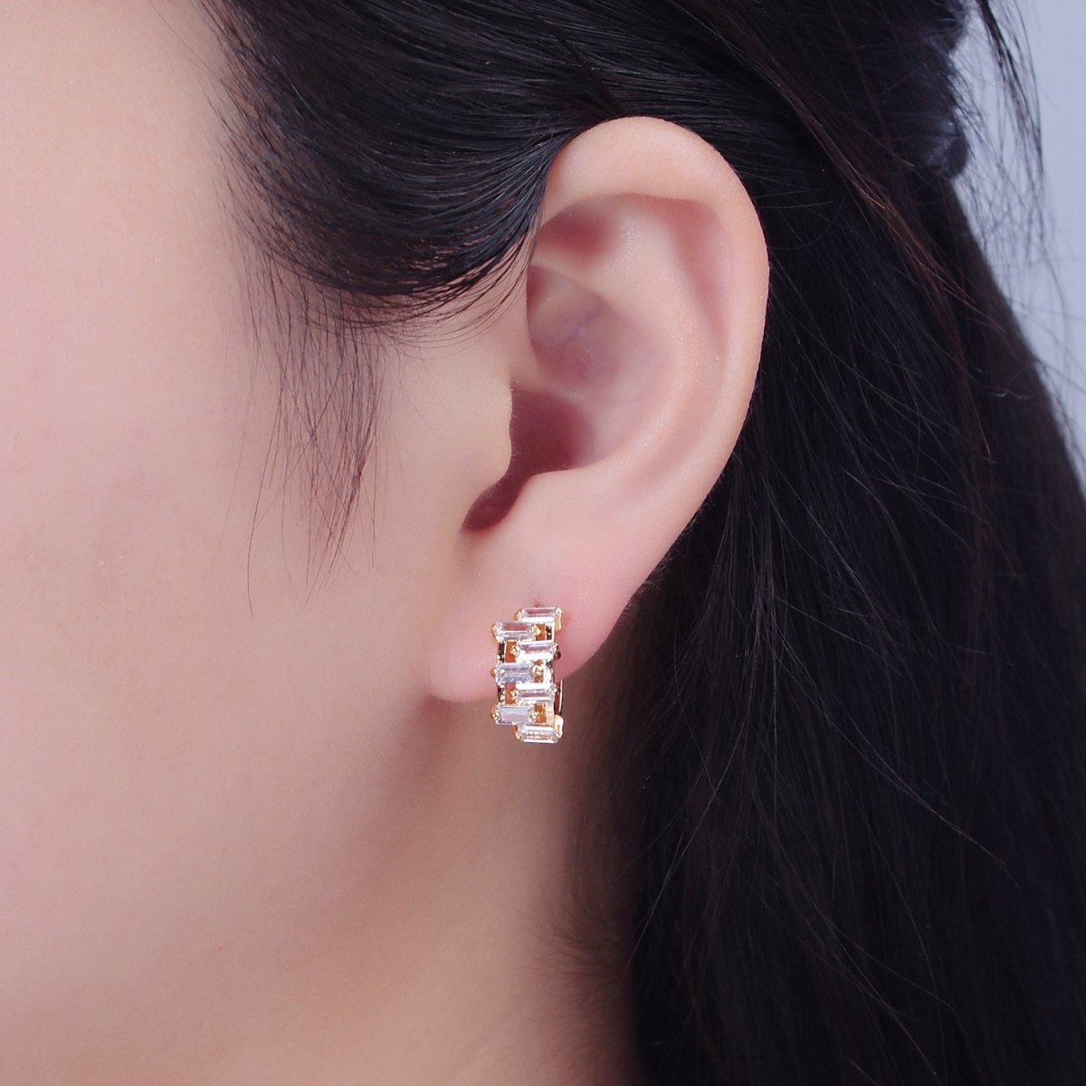 Small Hoop Earrings Gold Baguette Hoops Minimalist Earrings T-389 - DLUXCA