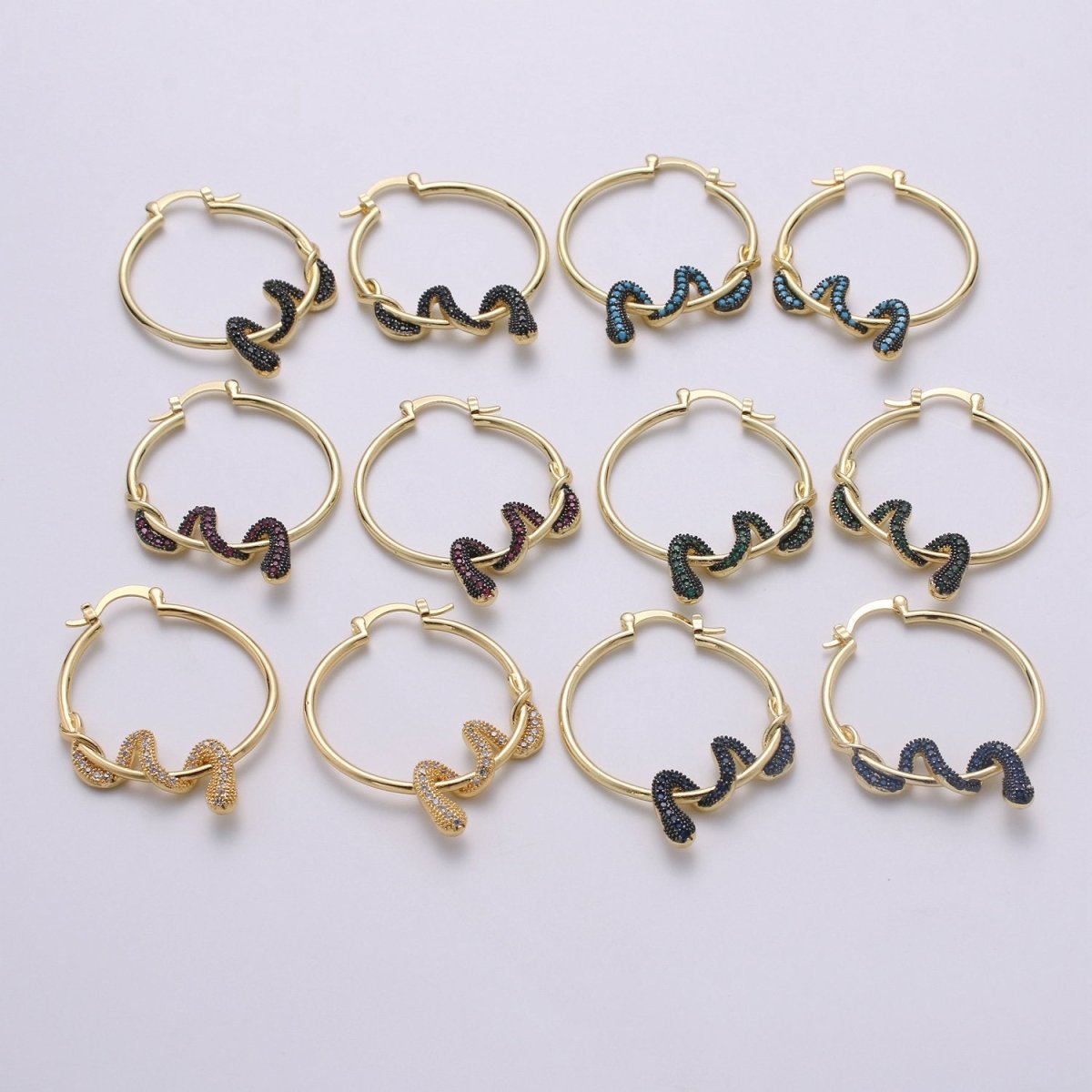 Snake earrings, snake hoop earrings serpent earrings, Gold earrings Micro Pave CZ Earring Jewelry Black Clear Blue Fuchsia Teal Zirconia Q-100 - Q-105 - DLUXCA
