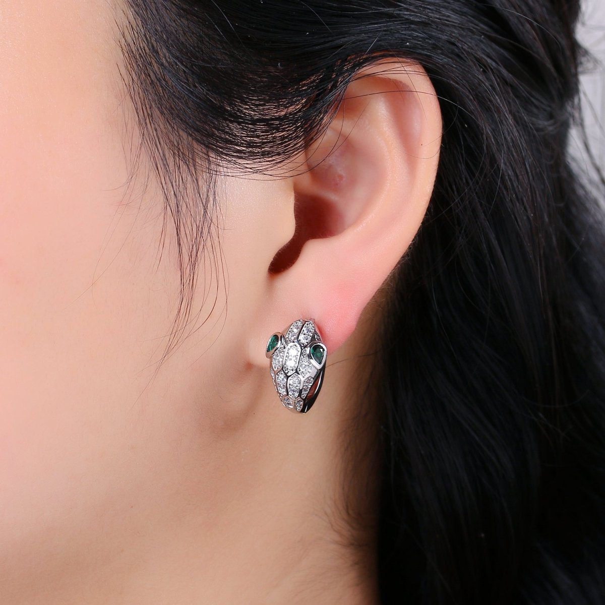 SNAKE Head Emerald Green Zirconia Eye hoops-Snake CZ Pave Cluster earrings -24K Huggie or White Gold hoops Q-362 Q-363 - DLUXCA