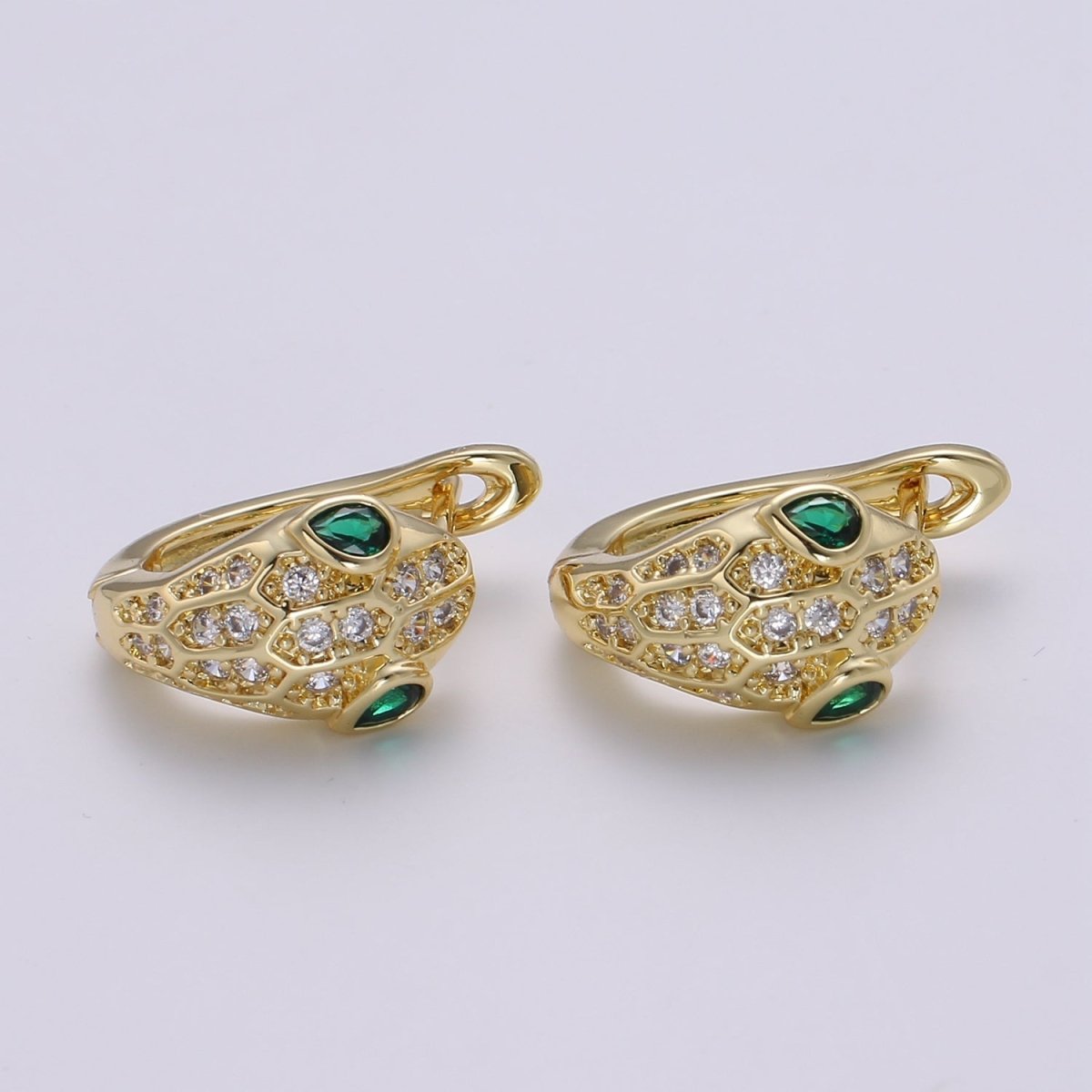 SNAKE Head Emerald Green Zirconia Eye hoops-Snake CZ Pave Cluster earrings -24K Huggie or White Gold hoops Q-362 Q-363 - DLUXCA