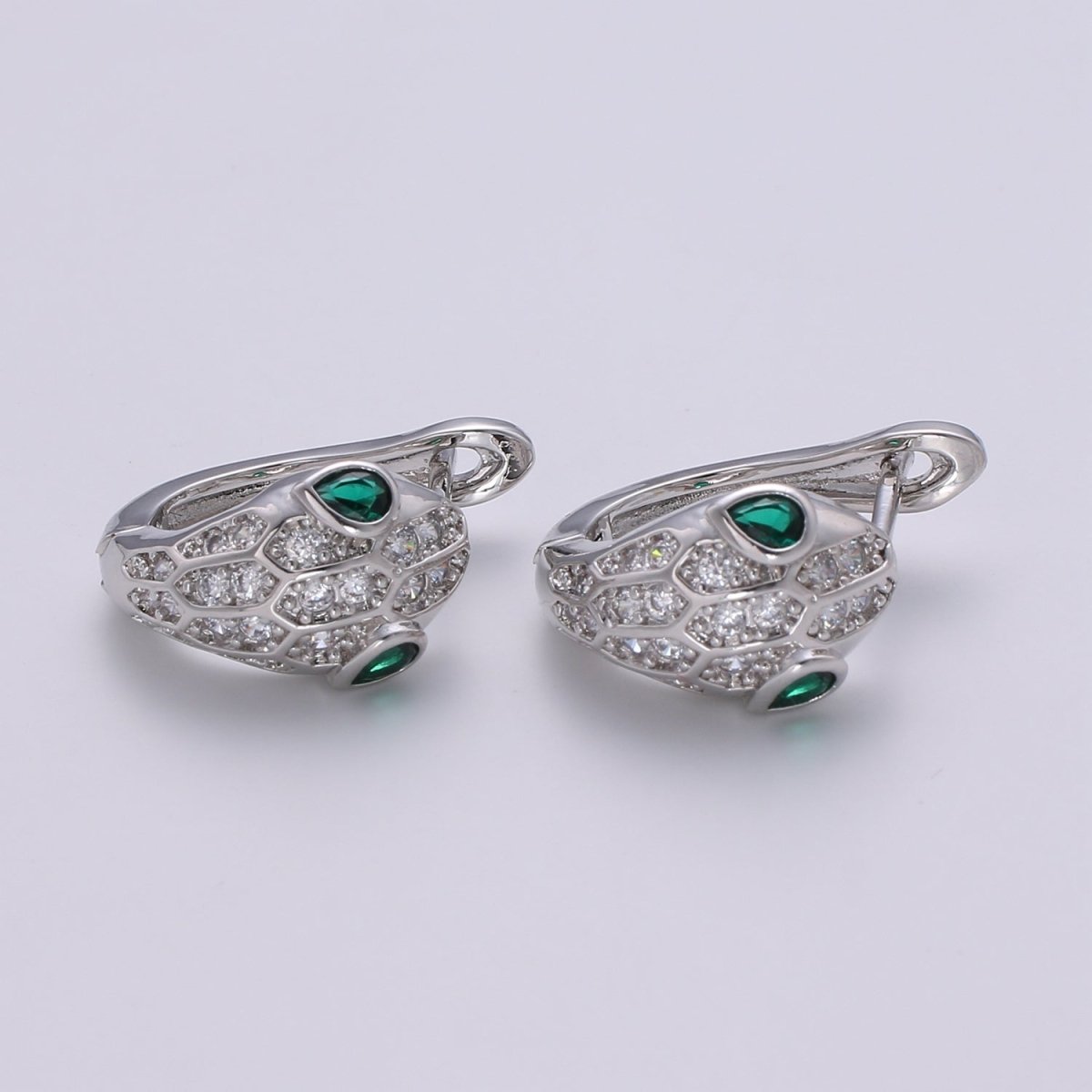 SNAKE Head Emerald Green Zirconia Eye hoops-Snake CZ Pave Cluster earrings -24K Huggie or White Gold hoops Q-362 Q-363 - DLUXCA