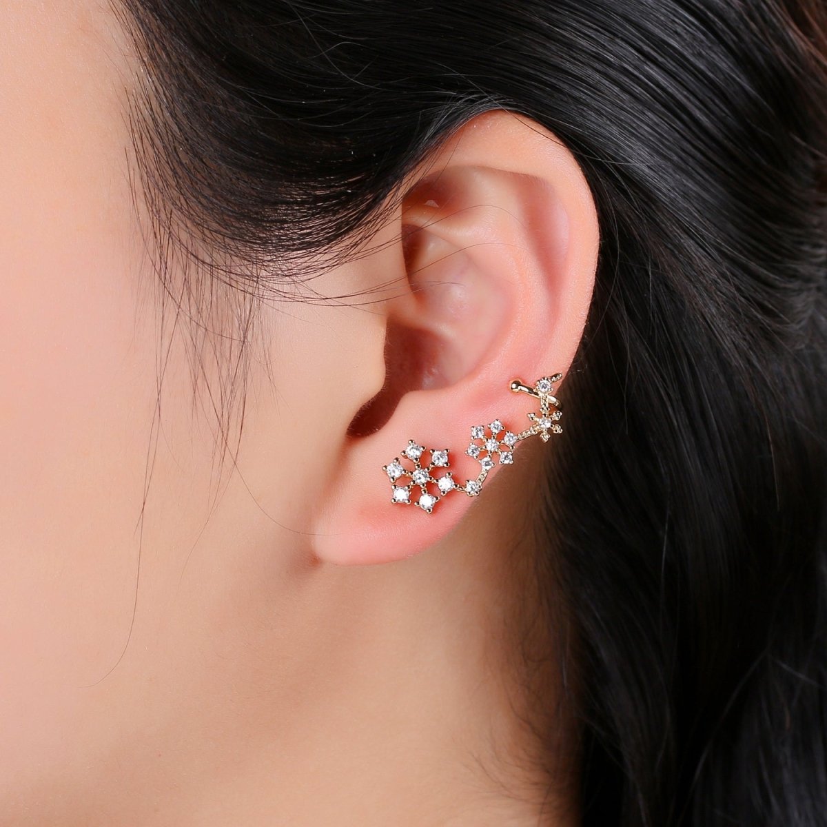 Snow Ear climbers, Gold Ear climber, Gold Snow Flake Stud earrings for women, gift for Valentine, ear crawlers every day jewelry AI-140 - DLUXCA