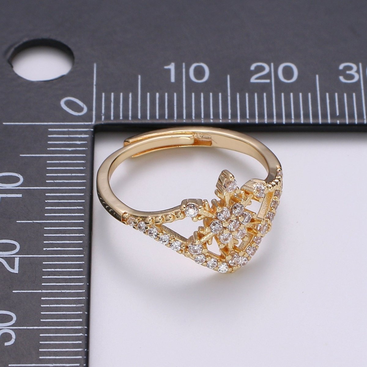 Snowflake Cubic Mini Pendant, Winter Cubic Pave 18K Gold Filled Open Adjustable Ring - DLUXCA