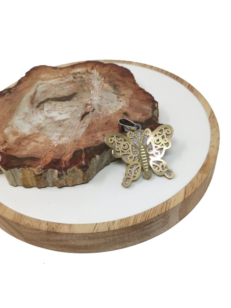 Sparkle Gold Butterfly Pendant Silver Butterfly Charm In Stainless Steel 40x36mm J-738 - DLUXCA