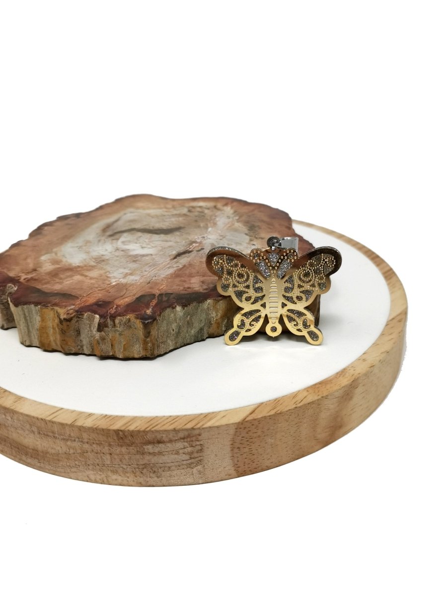 Sparkle Gold Butterfly Pendant Silver Butterfly Charm In Stainless Steel 40x36mm J-738 - DLUXCA