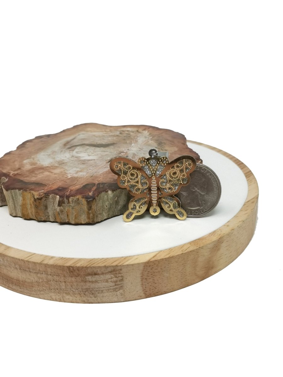 Sparkle Gold Butterfly Pendant Silver Butterfly Charm In Stainless Steel 40x36mm J-738 - DLUXCA