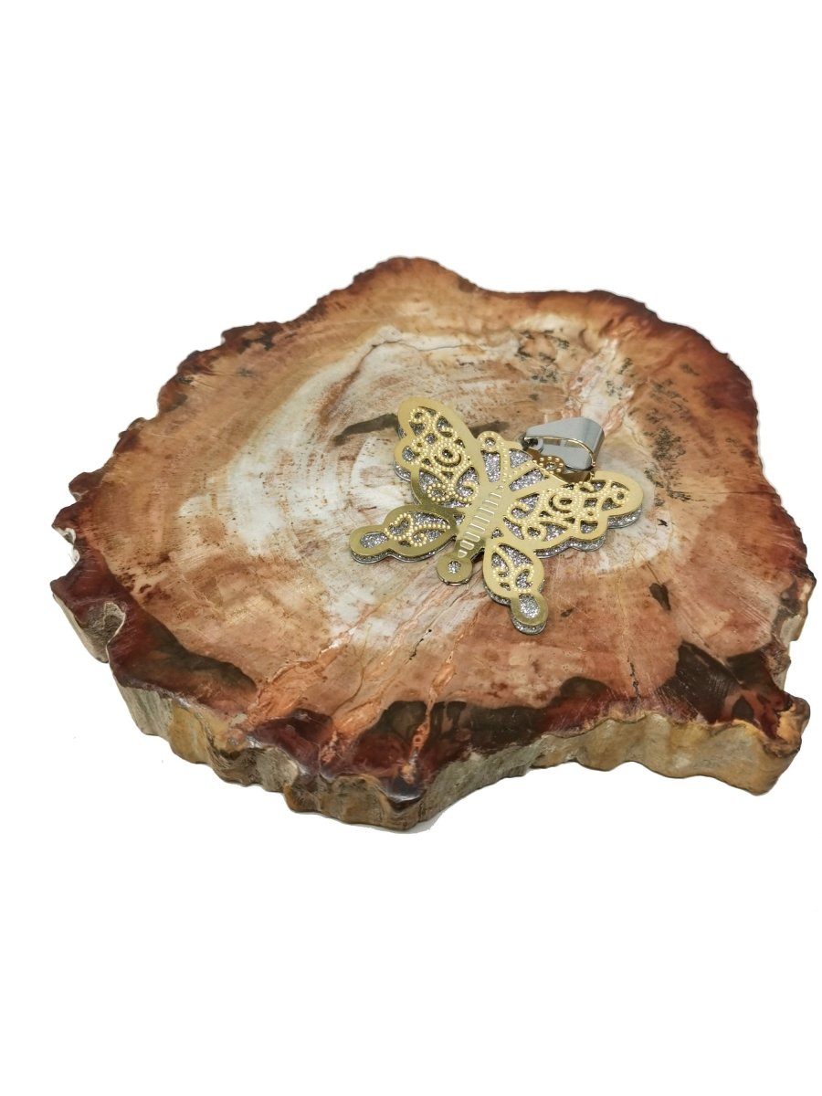 Sparkle Gold Butterfly Pendant Silver Butterfly Charm In Stainless Steel 40x36mm J-738 - DLUXCA