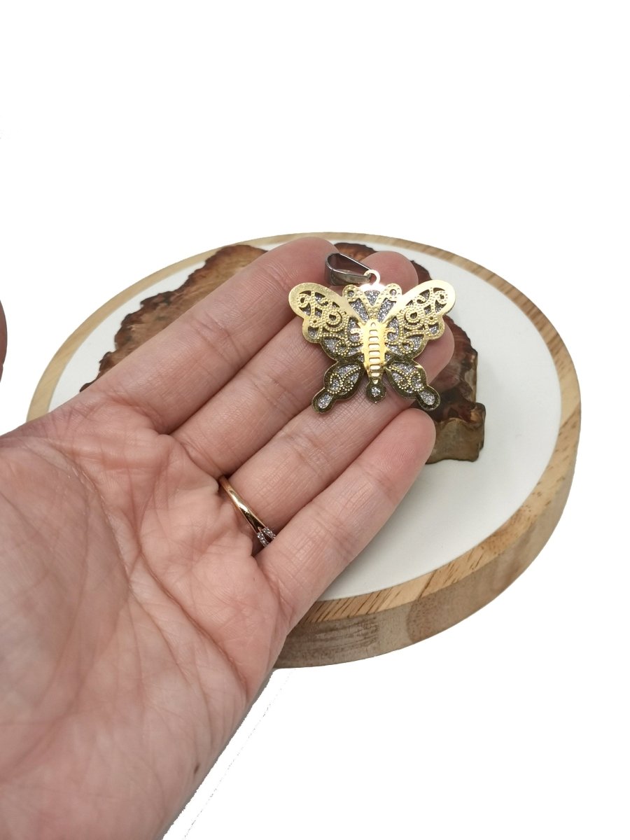 Sparkle Gold Butterfly Pendant Silver Butterfly Charm In Stainless Steel 40x36mm J-738 - DLUXCA