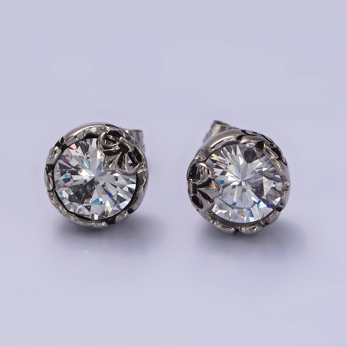 Stainless Steel 10mm Clear Round CZ Fleur De Lis Engraved Stud Earrings | AE690 - DLUXCA