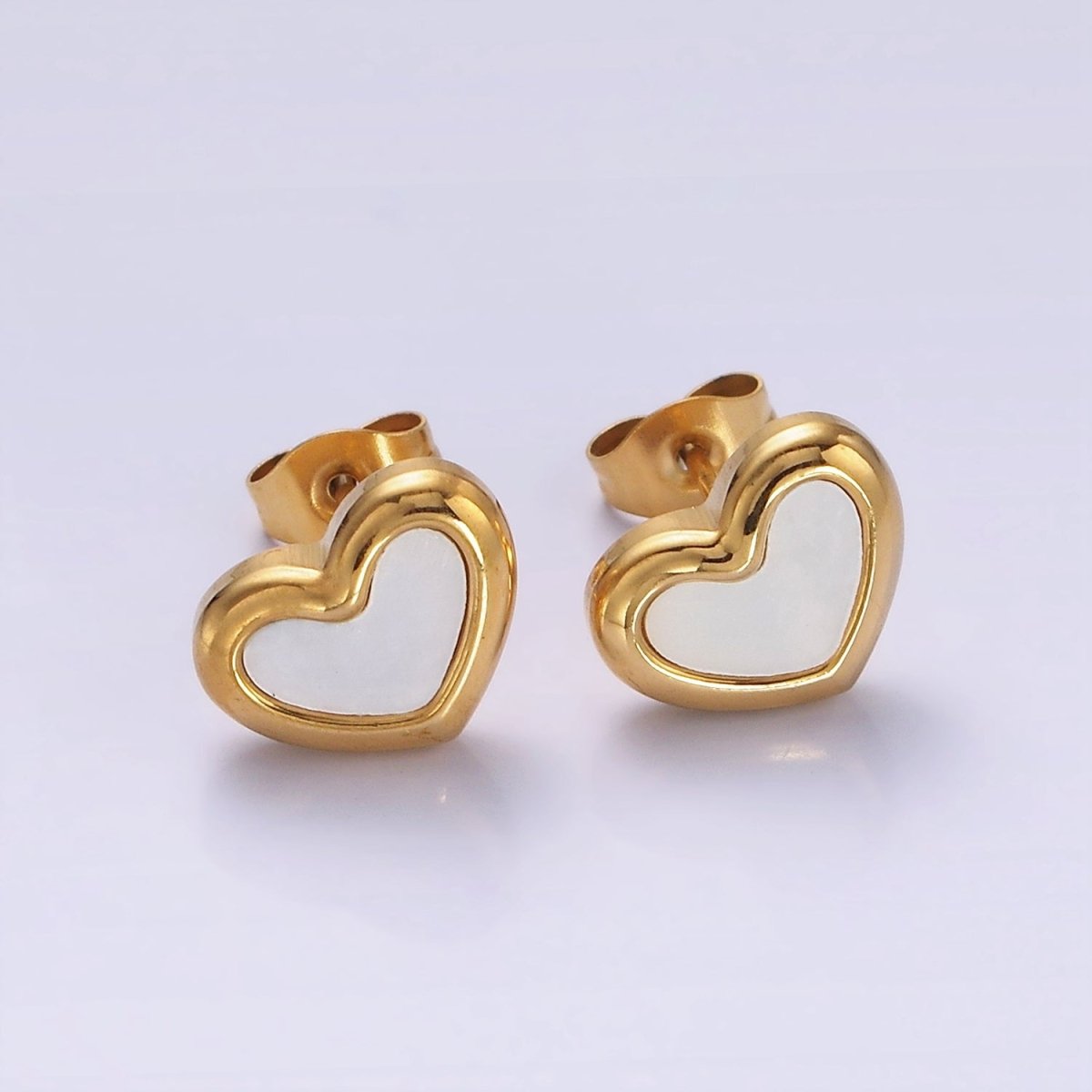 Stainless Steel 10mm Shell Pearl Heart Bezel Stud Earrings in Gold & Silver | AB1123 AB1124 - DLUXCA