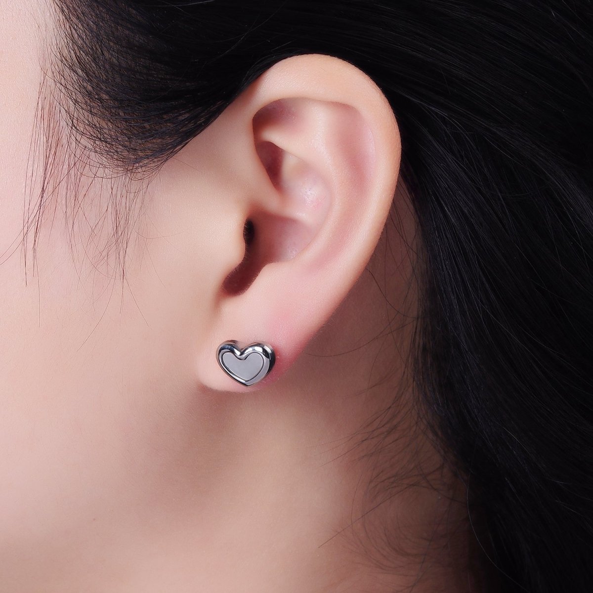 Stainless Steel 10mm Shell Pearl Heart Bezel Stud Earrings in Gold & Silver | AB1123 AB1124 - DLUXCA