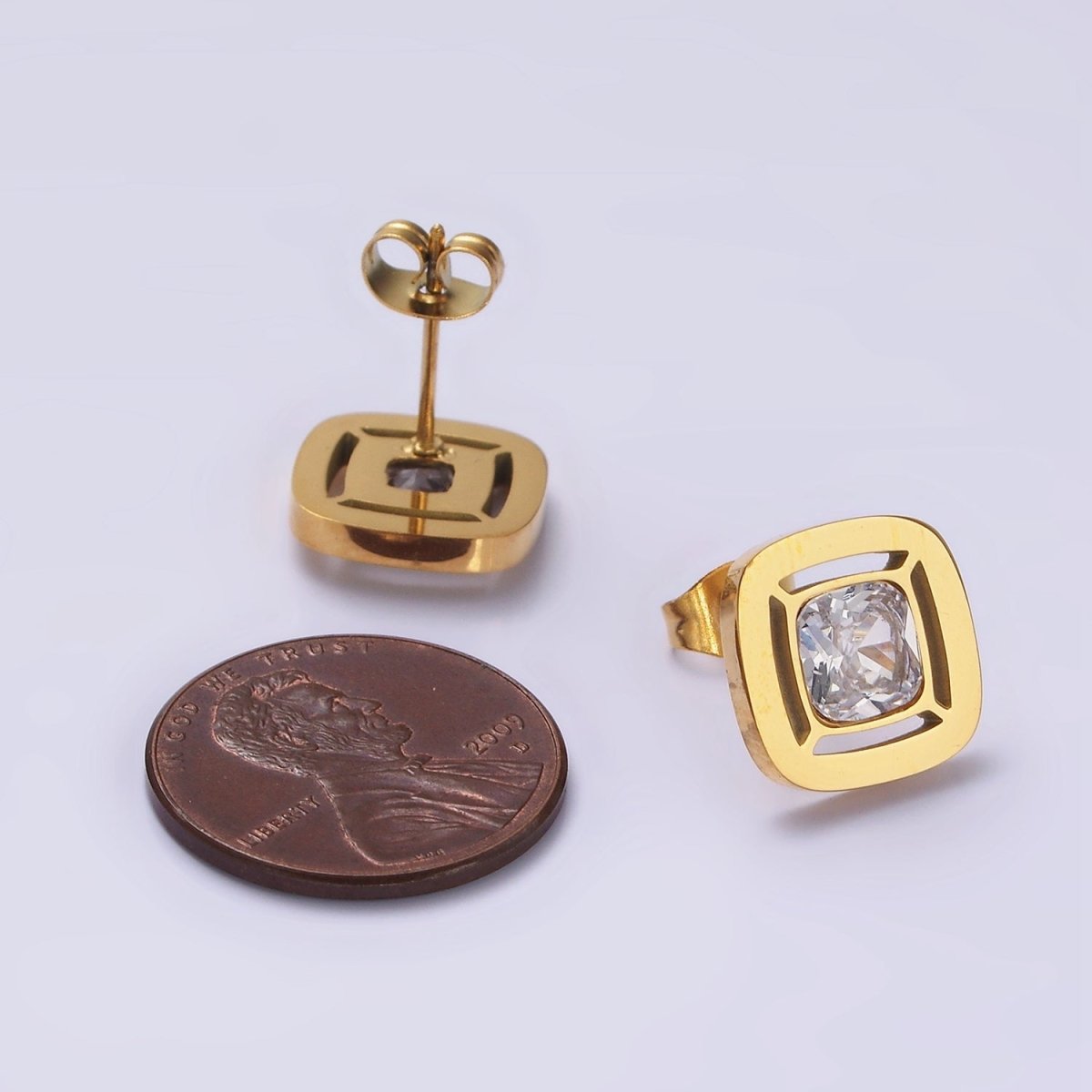 Stainless Steel 12mm Clear CZ Square Bezel Stud Earrings in Gold & Silver | AB1121 AB1122 - DLUXCA