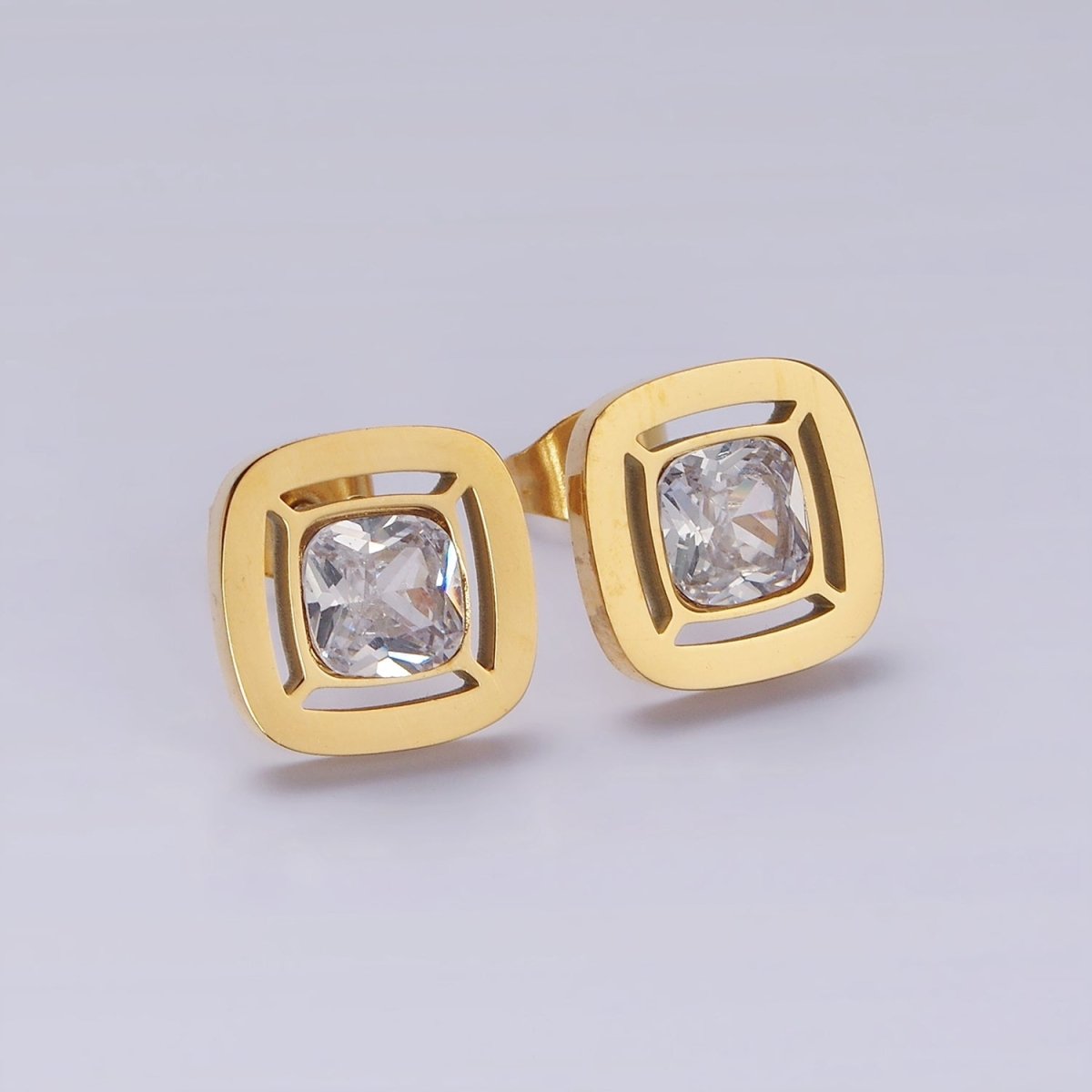 Stainless Steel 12mm Clear CZ Square Bezel Stud Earrings in Gold & Silver | AB1121 AB1122 - DLUXCA