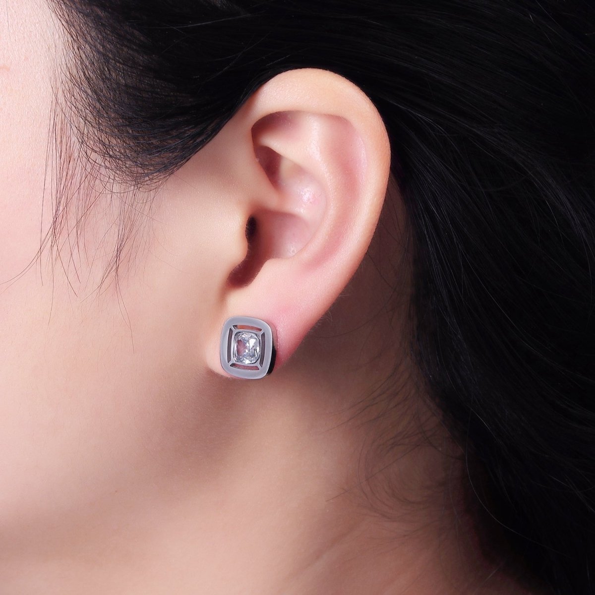 Stainless Steel 12mm Clear CZ Square Bezel Stud Earrings in Gold & Silver | AB1121 AB1122 - DLUXCA