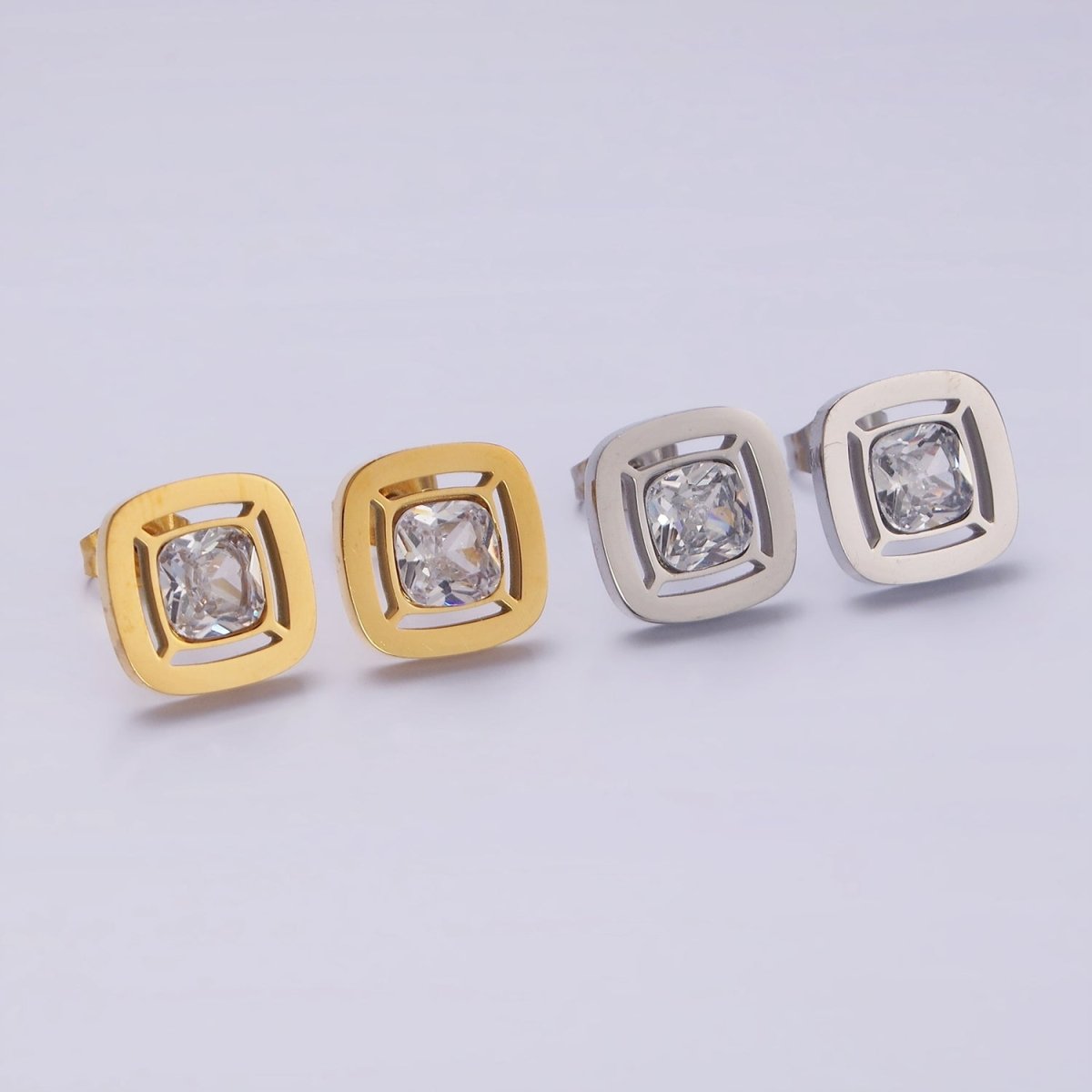 Stainless Steel 12mm Clear CZ Square Bezel Stud Earrings in Gold & Silver | AB1121 AB1122 - DLUXCA