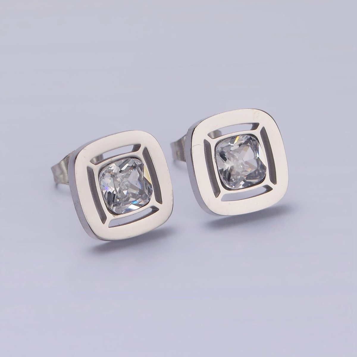 Stainless Steel 12mm Clear CZ Square Bezel Stud Earrings in Gold & Silver | AB1121 AB1122 - DLUXCA