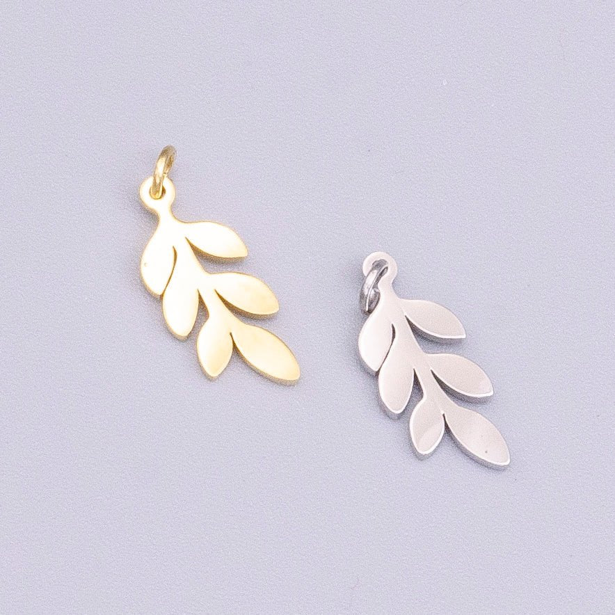 Stainless Steel 13mm Olive Foliage Leaf Nature Charm in Gold & Silver | P-916 - DLUXCA