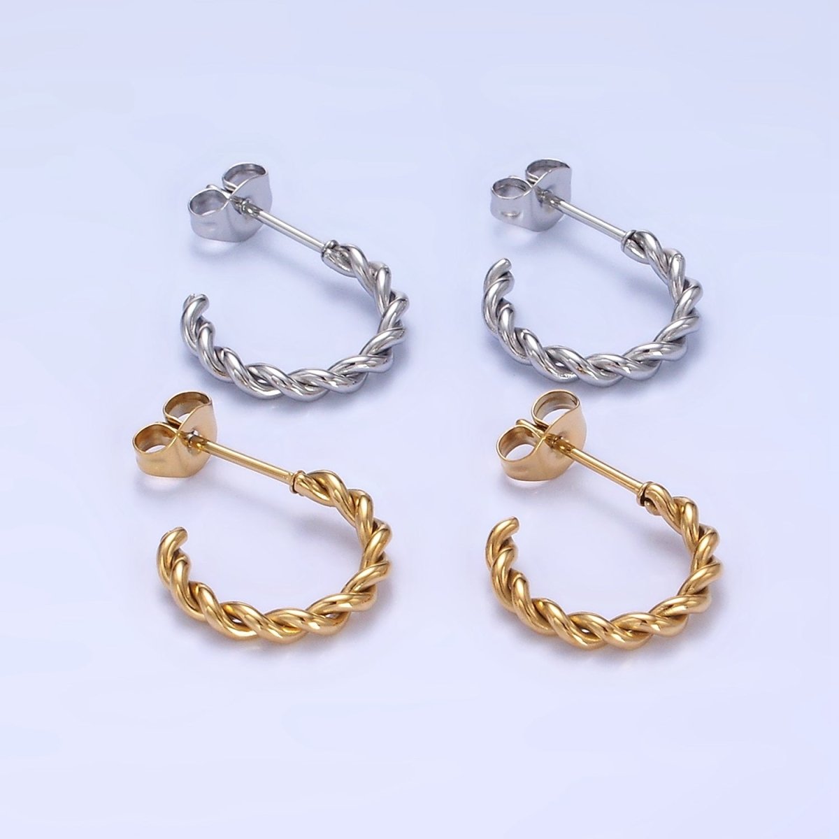 Stainless Steel 15mm Rope Croissant C-Shaped Earrings in Gold & Silver | AB1396 AB1397 - DLUXCA
