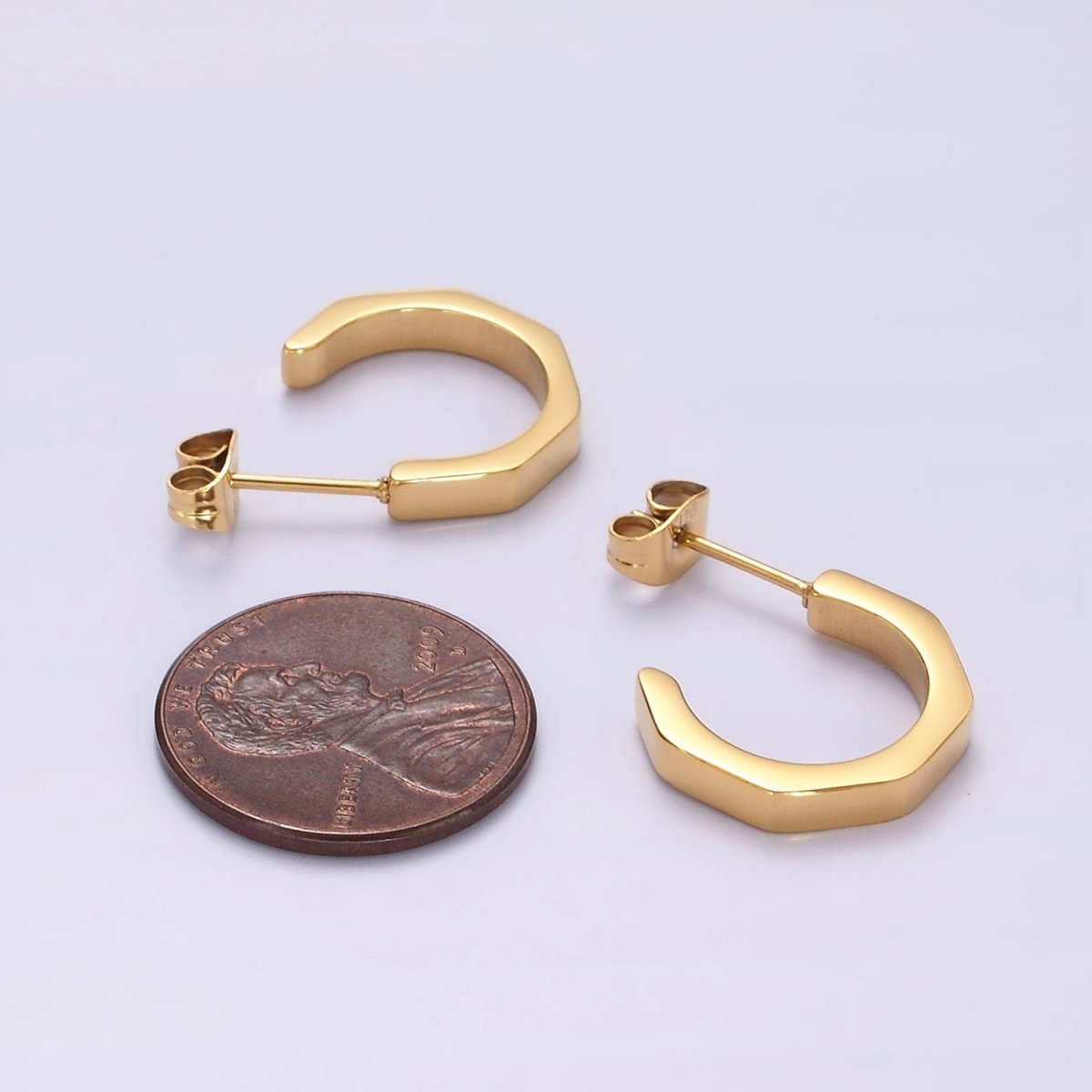 Stainless Steel 16mm Octagonal C-Shaped Hoop Earrings in Gold & Silver | V199 V200 - DLUXCA