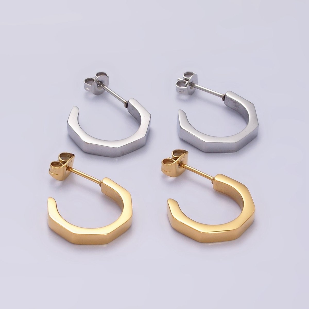Stainless Steel 16mm Octagonal C-Shaped Hoop Earrings in Gold & Silver | V199 V200 - DLUXCA