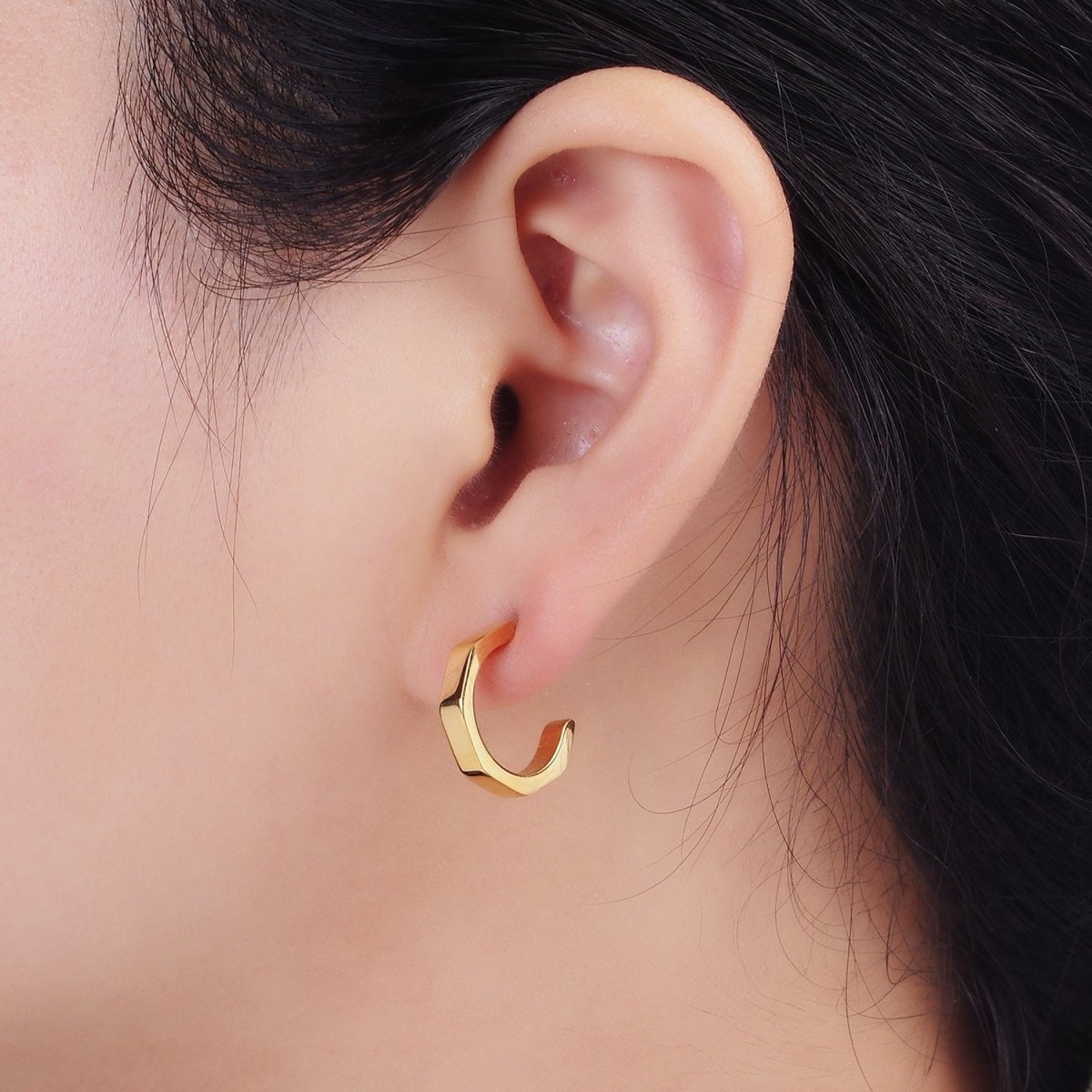 Stainless Steel 16mm Octagonal C-Shaped Hoop Earrings in Gold & Silver | V199 V200 - DLUXCA
