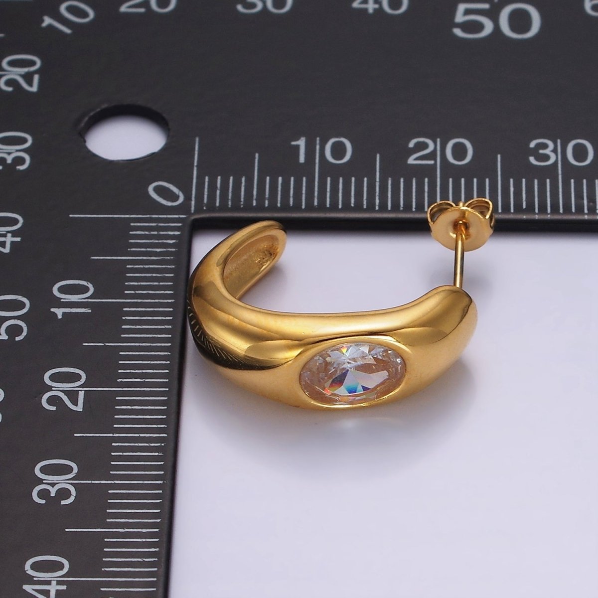 Stainless Steel 20mm Clear Oval CZ Edged J-Shaped Hoop Earrings | AE395 - DLUXCA