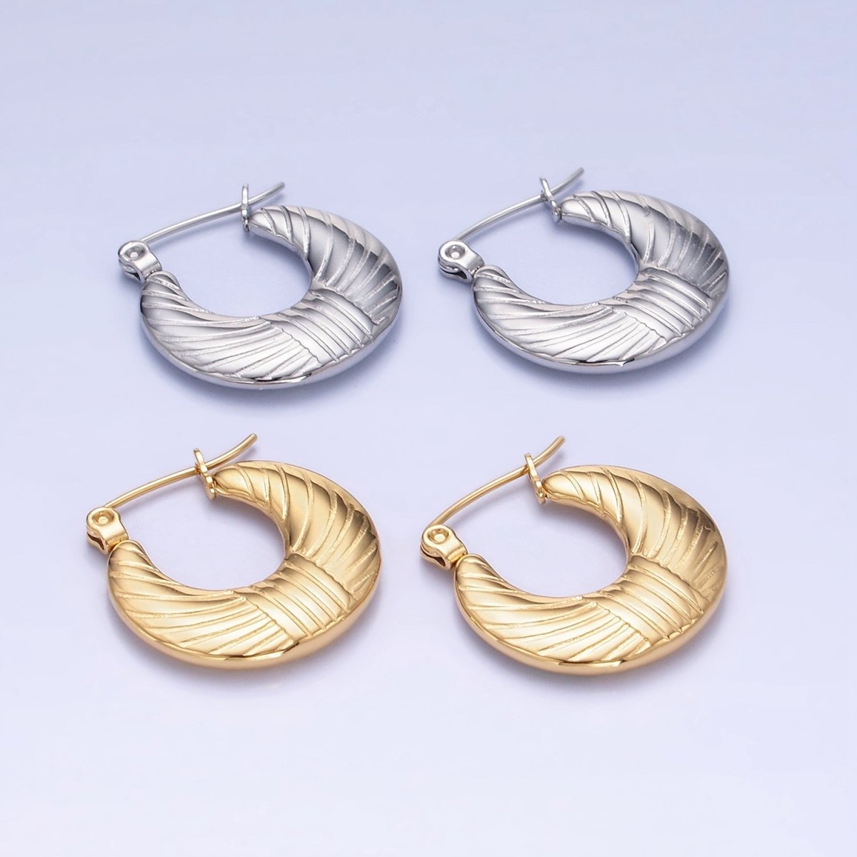 Stainless Steel 20mm Lined Round Latch Hoop Earrings in Gold & Silver | AB1386 AB1387 - DLUXCA