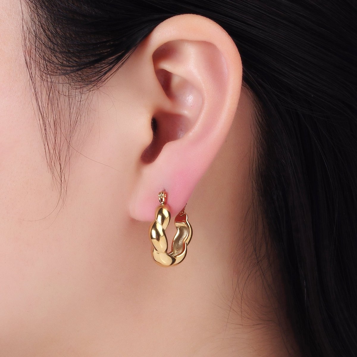 Stainless Steel 20mm Puffed Croissant Latch Hoop Earrings in Gold & Silver | AB1384 AB1385 - DLUXCA