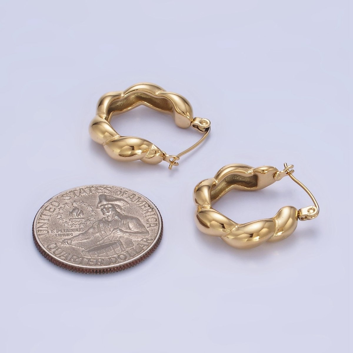 Stainless Steel 20mm Puffed Croissant Latch Hoop Earrings in Gold & Silver | AB1384 AB1385 - DLUXCA