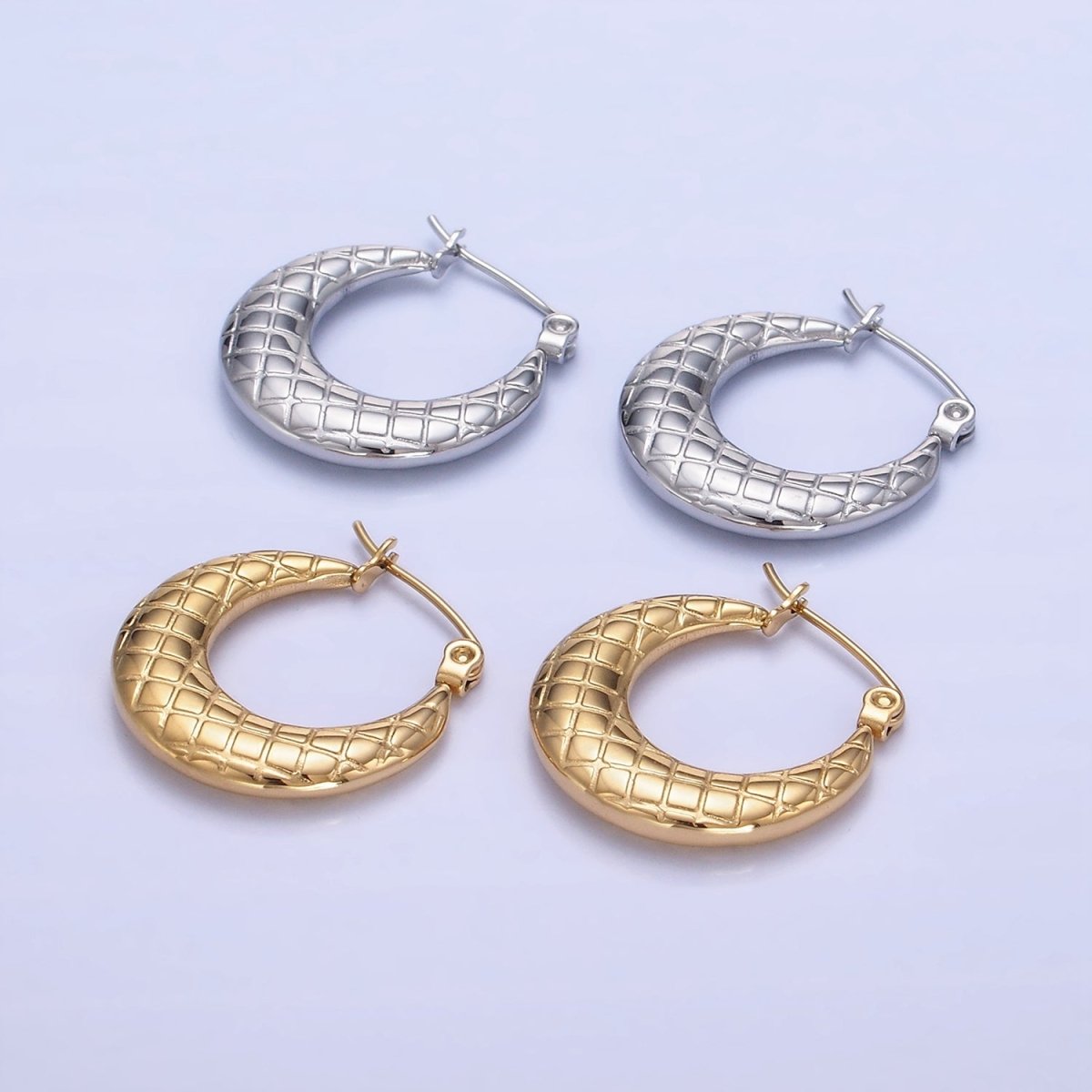 Stainless Steel 20mm Quilted Lined Latch Hoop Earrings in Gold & Silver | AB1378 AB1379 - DLUXCA