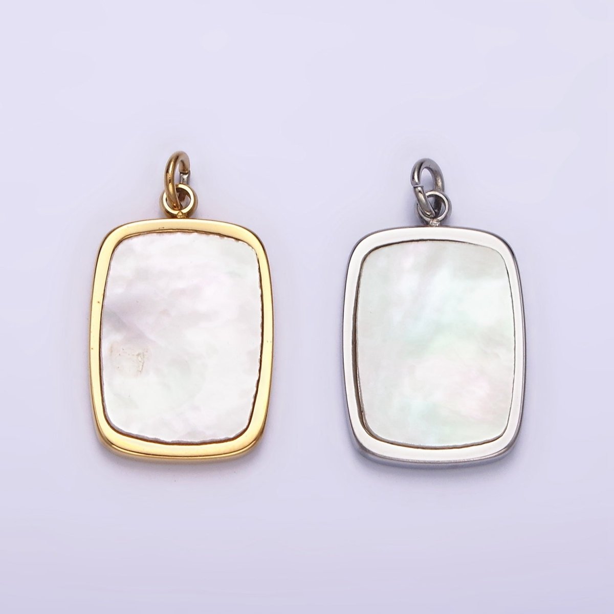 Stainless Steel 20mm Shell Pearl Rectangular Tag Bezel Charm in Gold & Silver | P1322 P1323 - DLUXCA